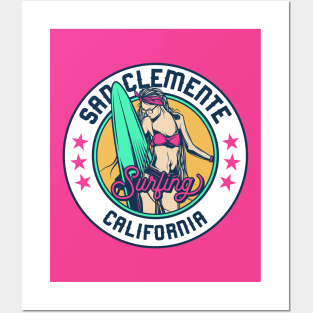 Retro Surfer Babe Badge San Clemente California Posters and Art